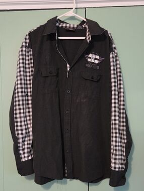 Red Ape Black Button-Up Shirt Jacket with Gingham Sleeves Size 2xl